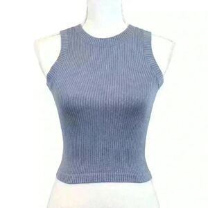 Aura Blue Sleeveless Cropped High Neck‎ Rib Knit Stretch Tank Top Size XS